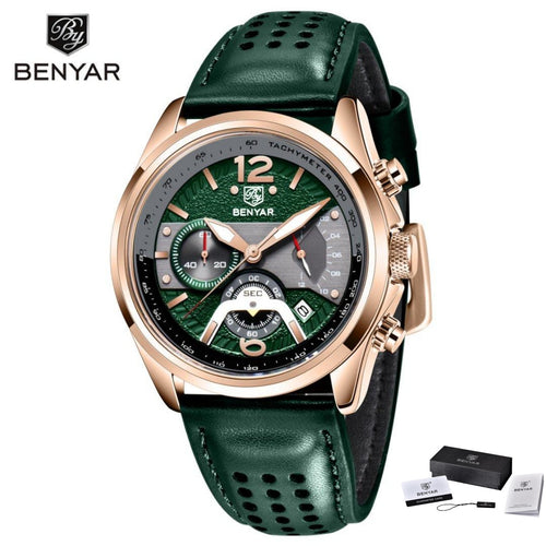 BENYAR 5171 Fashion Men's Quartz Watch Leather Strap Luminous Calendar Chronograph Sport Military Waterproof Wristwatch For Man 