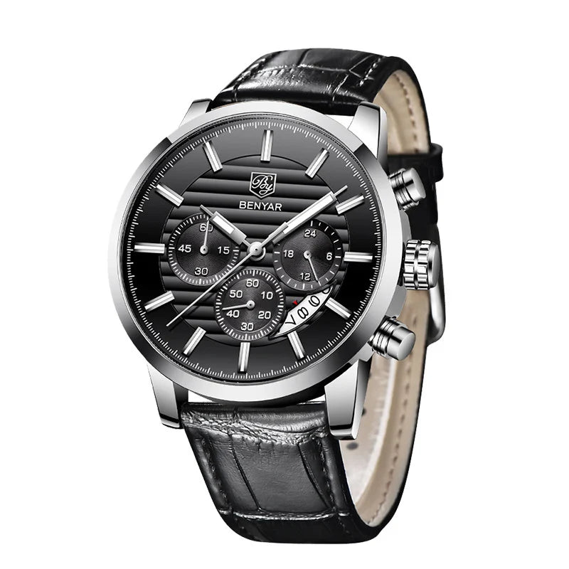 Men's Sports Chronograph Quartz Watch Leather& Stainless Steel Strap Waterproof Business Watches Clock Male Relogio Masculino BY-5104