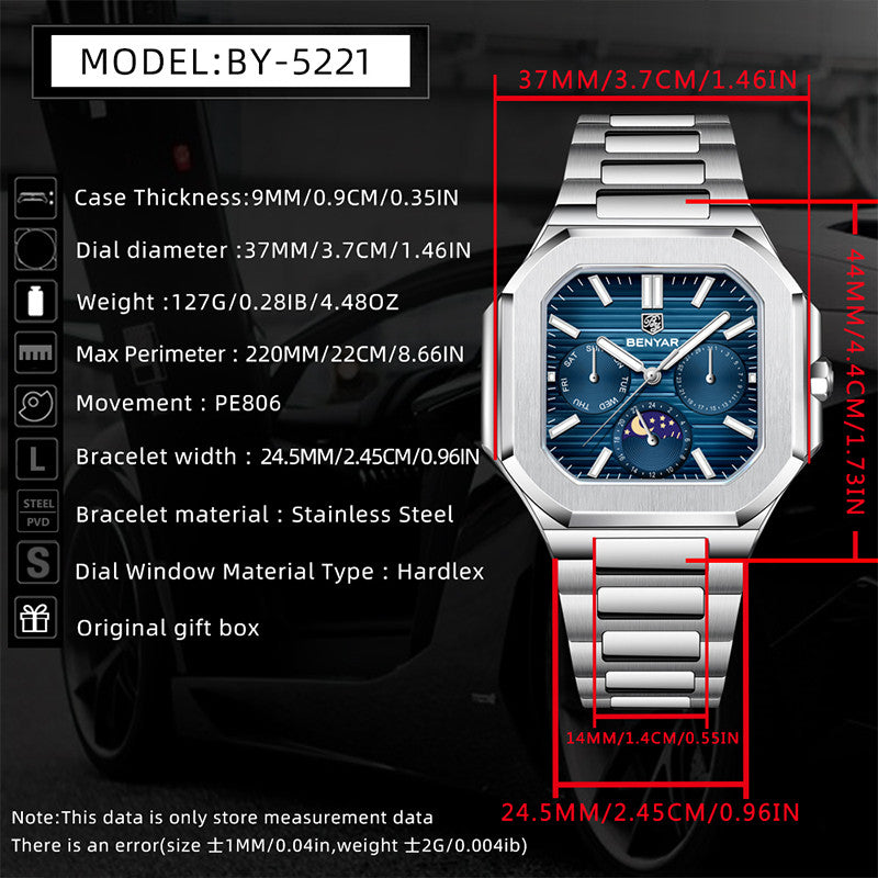 BENYAR BY-5221 Montre Homme Quartz Luxe – Acier Inoxydable, Étanche 3Bar