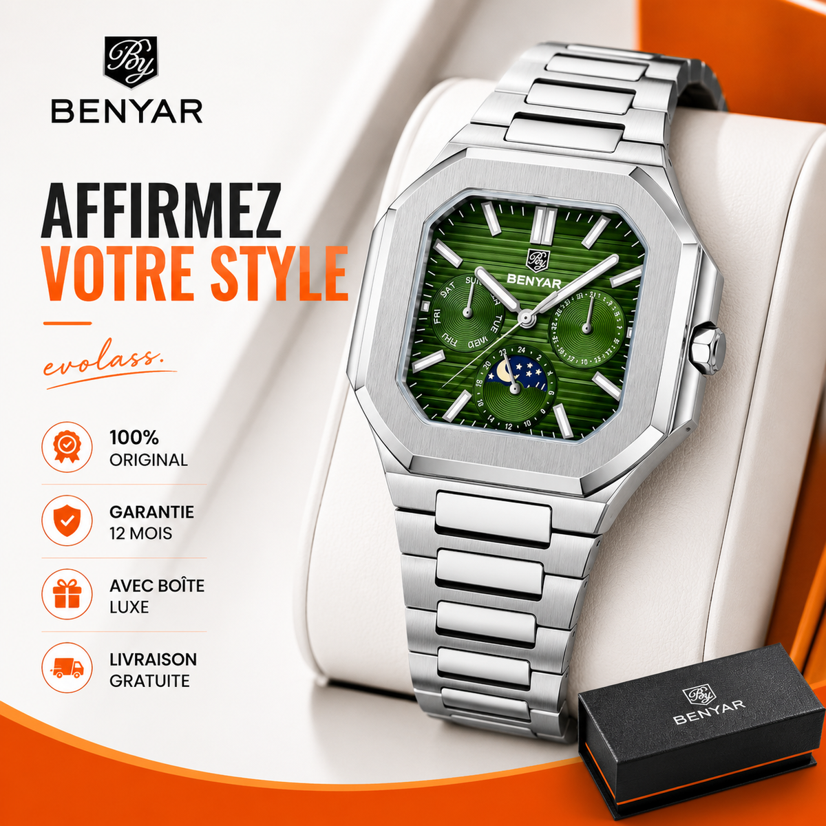 BENYAR Stylish Octagonal Square Mens Quartz Watch Day&Date Moon Phase Stainless Luminous Dive Watch For Man Business Dress Watch