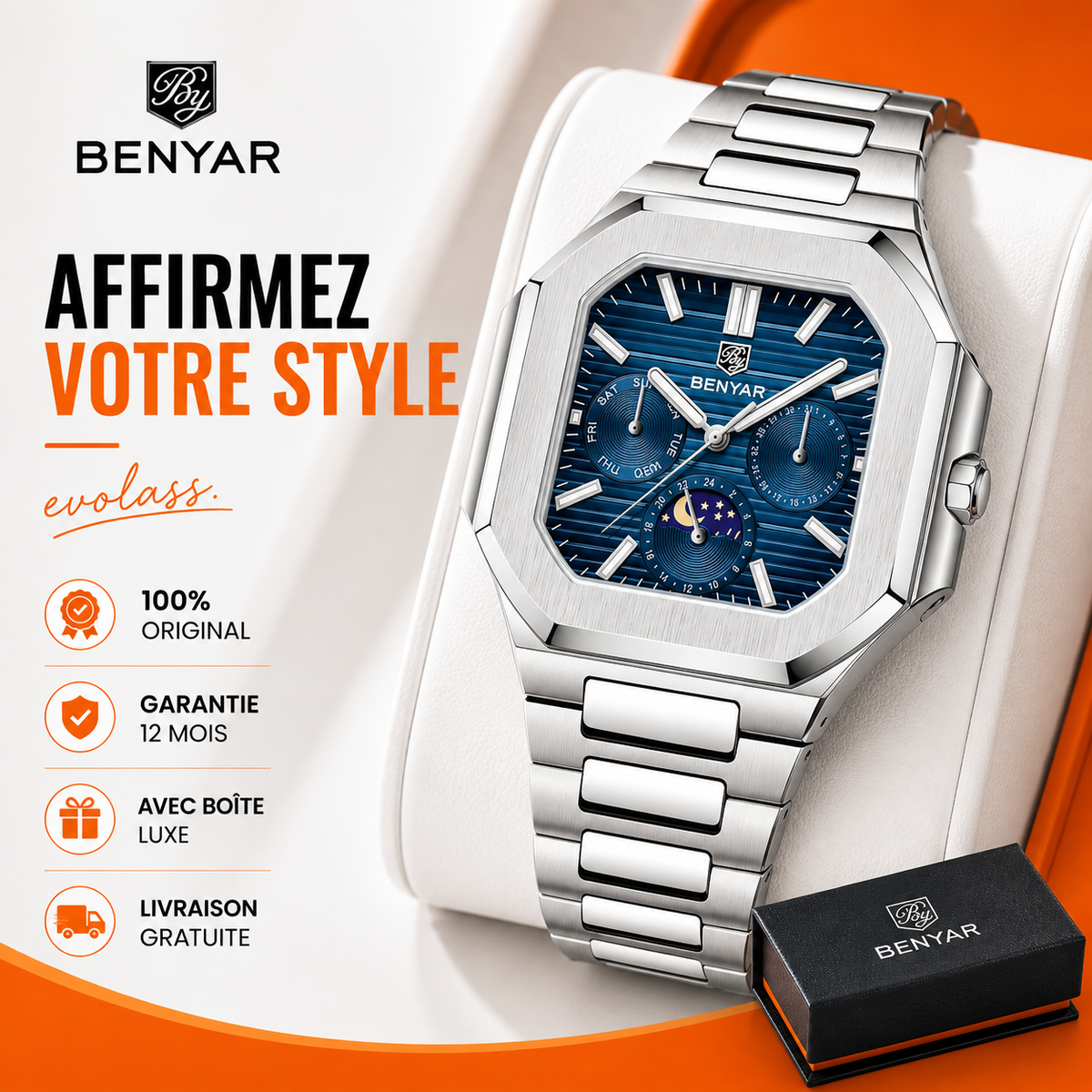 BENYAR Stylish Octagonal Square Mens Quartz Watch Day&Date Moon Phase Stainless Luminous Dive Watch For Man Business Dress Watch