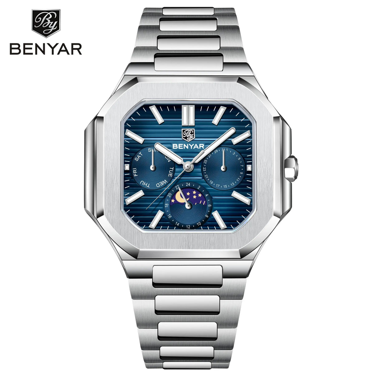 BENYAR Stylish Octagonal Square Mens Quartz Watch Day&Date Moon Phase Stainless Luminous Dive Watch For Man Business Dress Watch