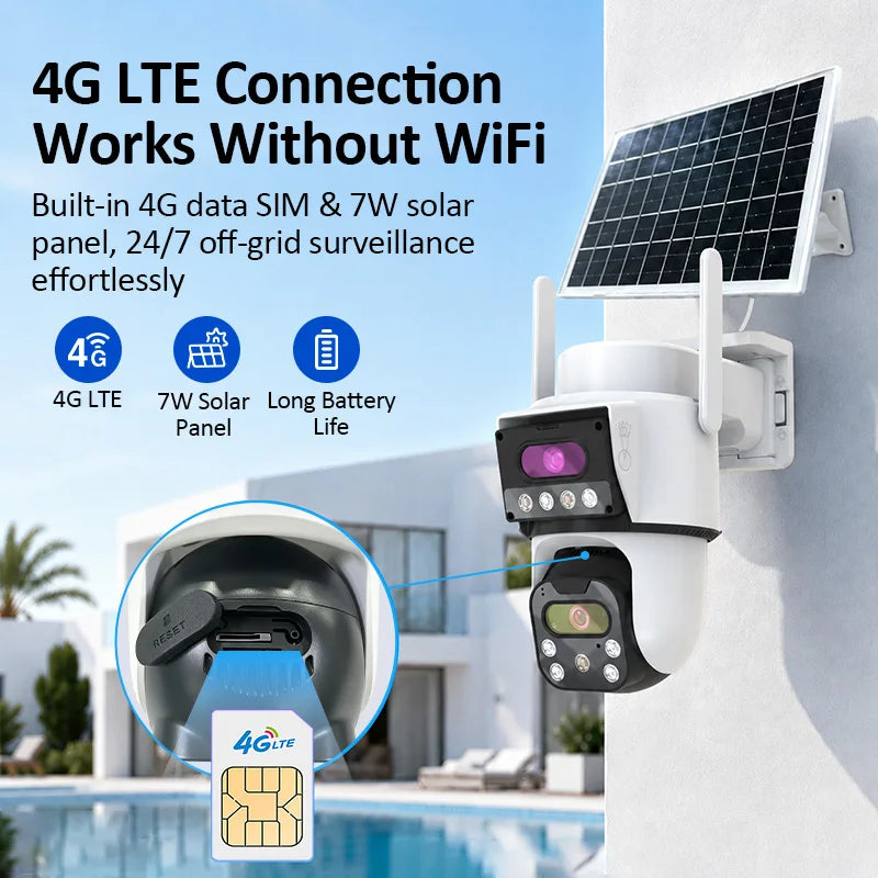 ANSVICAM 4G Outdoor Solar Camera 8MP Dual Lens PIR Night Vision Waterproof Security Camara Battery Wireless 24/7 Recording Cam