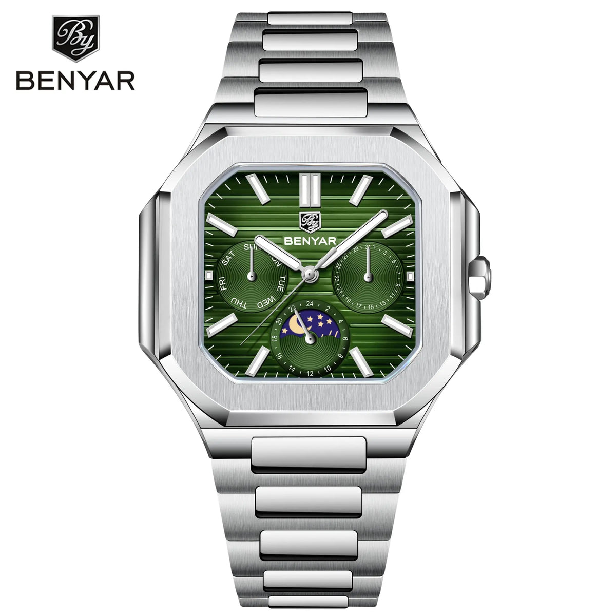 BENYAR Stylish Octagonal Square Mens Quartz Watch Day&Date Moon Phase Stainless Luminous Dive Watch For Man Business Dress Watch