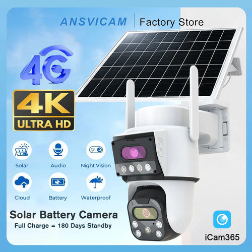 ANSVICAM 4G Outdoor Solar Camera 8MP Dual Lens PIR Night Vision Waterproof Security Camara Battery Wireless 24/7 Recording Cam
