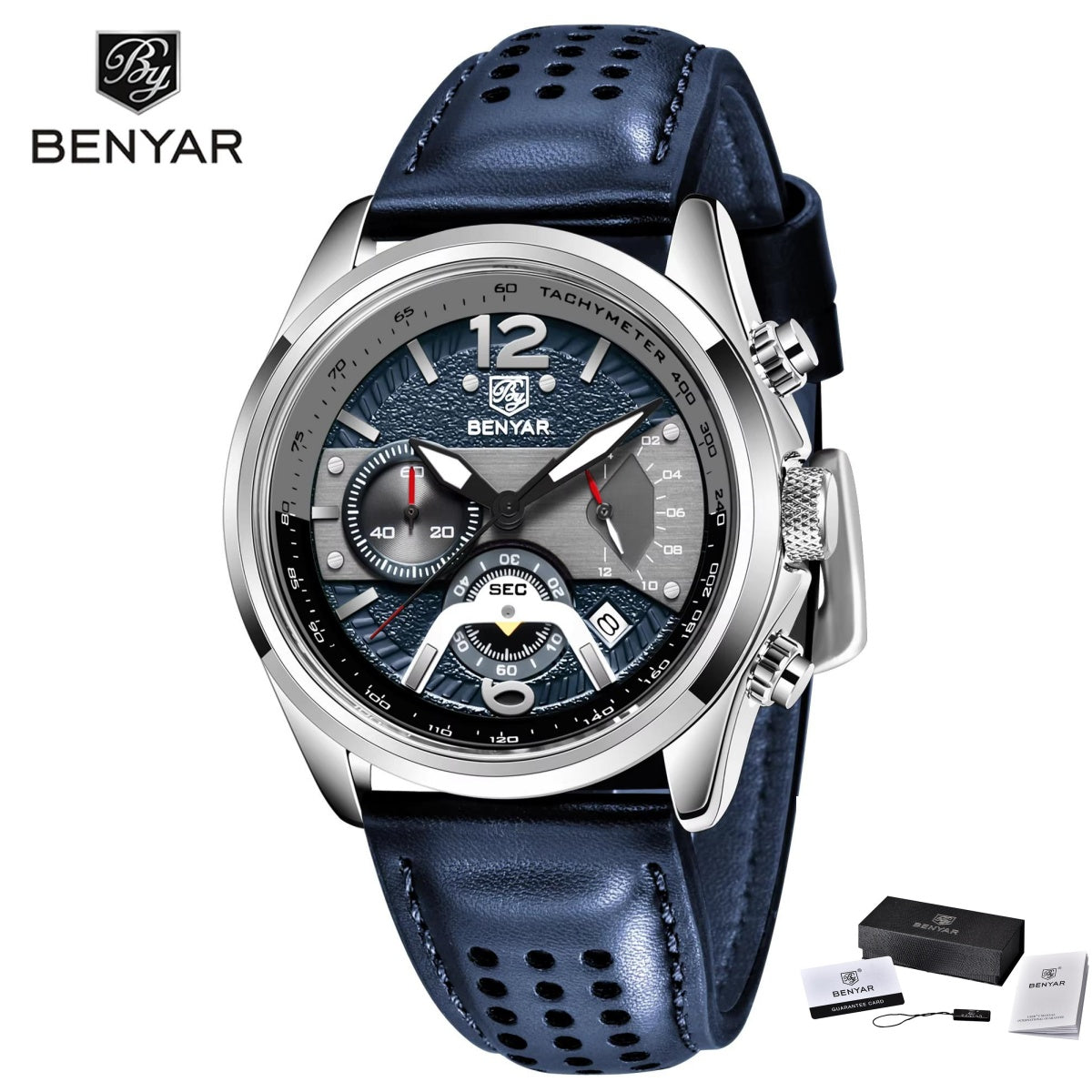 BENYAR 5171 Fashion Men's Quartz Watch Leather Strap Luminous Calendar Chronograph Sport Military Waterproof Wristwatch For Man