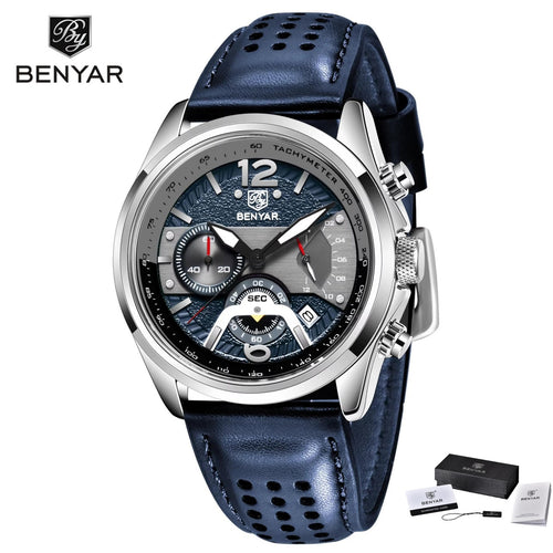 BENYAR 5171 Fashion Men's Quartz Watch Leather Strap Luminous Calendar Chronograph Sport Military Waterproof Wristwatch For Man