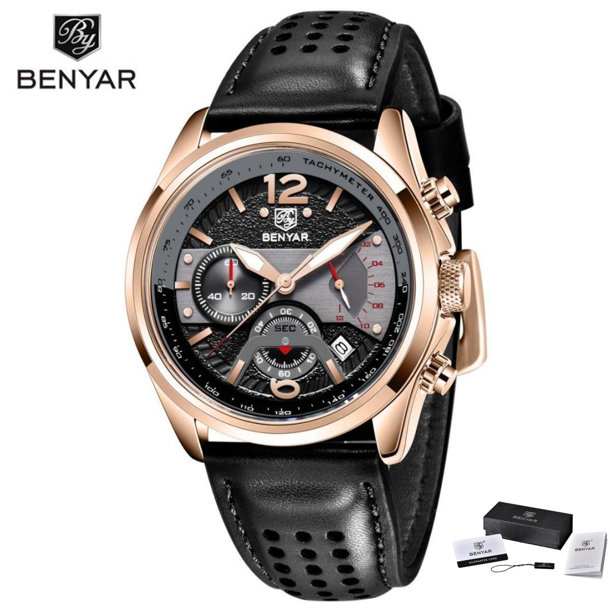 BENYAR 5171 Fashion Men's Quartz Watch Leather Strap Luminous Calendar Chronograph Sport Military Waterproof Wristwatch For Man