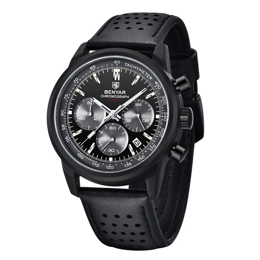 BENYAR - Stylish Wrist Watch for Men, Genuine Leather Strap Watches, Perfect Quartz Movement, Waterproof and Scratch Resistant, Analog Chronograph Business Watches BY-5188